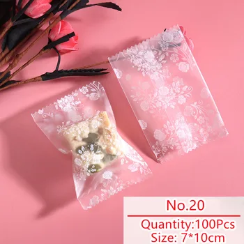 100 adet / grup Şeker Çantası Kurabiye Paketi Şeffaf Beyaz Çiçekler Desen Şeker Sarıcı Ev Yapımı Nuga Parti Aperatif Yiyecek Ambalaj Poşetleri