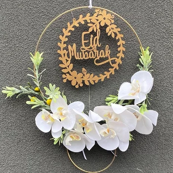 Eid Mubarak DIY Ahşap Çelenkler için Metal Çember ile Ramazan Kareem İslam Parti Dekorasyon Ev Kapı Asılı Metal Halka Çember