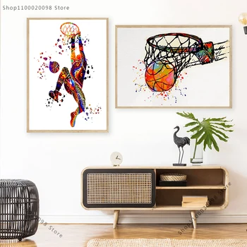 Erkek Yatak Odası Basketbol Suluboya Baskı Atlama Adam Spor Tuval Boyama Posteri Stadyum Spor Duvar Sanatı Asılı Resim Ev Dekor