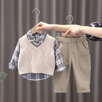 Erkek çocuk kazağı Yelek Üç parçalı Takım Elbise Yeni Yakışıklı Erkek Bebek Bahar Giysileri çocuk Takım Elbise İlkbahar Ve Sonbahar