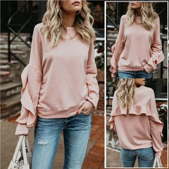 Kadın T-shirt Sonbahar Kış Uzun Kollu Ruffled Mizaç Gevşek Yuvarlak Yaka Üstleri Moda Katı Patchwork Kazak Streetwear