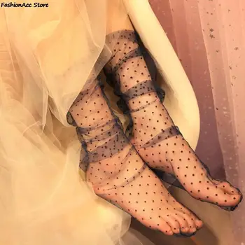 1 çift Seksi Nokta Dantel Çorap Kadın şeffaf ağ Ayak Bileği Çorap Bayanlar Ultra İnce Prenses Tül Çorap Kadın Meias