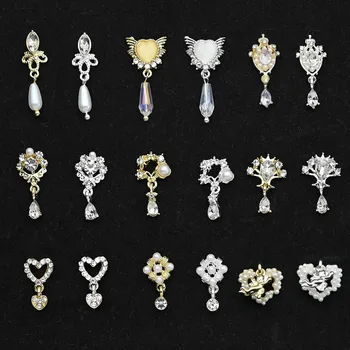 10 Adet 3D Dangle Tırnak Takılar, tırnak mücevheri Rhinestones / Kalp İnci Kristal Taşlar Süslemeleri, Karışık Şekil Metal Lüks Tırnak Alaşım#