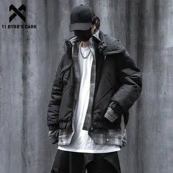 11 BYBB'S KOYU Kalın kışlık ceketler Mont Kapşonlu Parkas Erkek Hip Hop Sahte İki Patchwork Yastıklı Parka Ceket Pamuk Streetwear