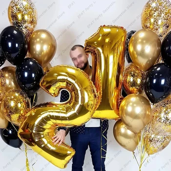 12 İnç Metal Altın Siyah konfeti balonları Yetişkinler Çocuklar İçin Doğum Günü Düğün Parti Süslemeleri 40 inç Altın Folyo Numarası Balonlar