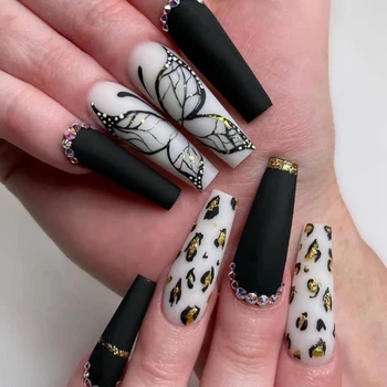 24 adet Kelebek Sahte Uzun Nails İpuçları Siyah Tırnaklar üzerinde Basın Tabut Tam Kapak Balerin Giyilebilir Tasarım Yanlış Tırnak elmas