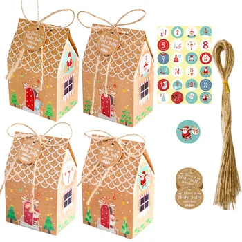 24 adet Noel Ev Şekli şeker kutusu Kraft Kağıt noel hediyesi Kutusu Çerez Çanta Ambalaj Kutuları yeni yıl 2023 Navidad hediye deco