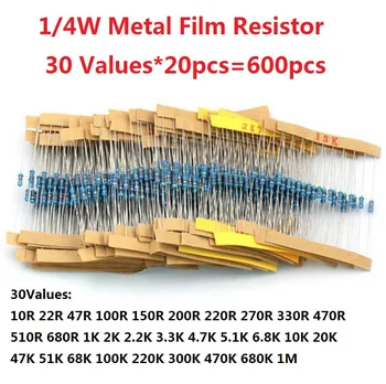 600 Adet (30 Çeşit x Her 20 adet) değer Metal film rezistans paketi 1 / 4W 1 % direnç çeşitli Kiti Seti 1K 10K 10R 22R 100R 150R 200R