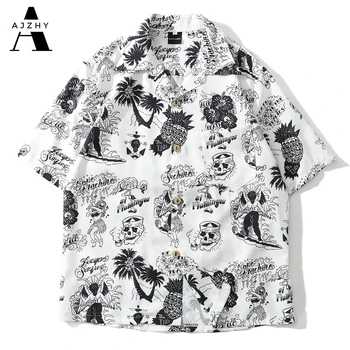 AJZHY Kafatası Baskı havai gömleği Erkekler Yaz Hip Hop Streetwear Harajuku Gömlek Casual Kısa Kollu Plaj Gömlek Erkekler ıçin Tees Tops