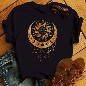 Altın Güneş Ay Yıldız Baskı Kadın T Shirt Kısa Kollu O Boyun Gevşek Kadın Tişört Bayanlar Tee Gömlek Tops Camisetas Mujer
