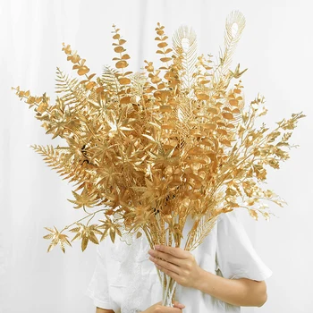Altın Yapay Bitkiler Okaliptüs Akçaağaç Yaprağı Noel Dekorasyon Ev Oturma Odası İçin DIY Düğün Parti Çiçek Düzenleme
