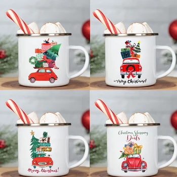 Araba Baskılı Kupa Emaye Kahve Fincanları Kolu Sıcak Kakao Suyu süt kupası Merry Christmas Kupa Yeni Yıl Partisi Dekorasyon Tatil Hediyeler