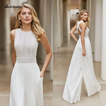 Beyaz Düğün Tulum Plaj Elbiseleri O Boyun Kat Uzunluk Boho gelinlikler Kıyafet Özelleştirmek Dantel Robe De Soiree 2023