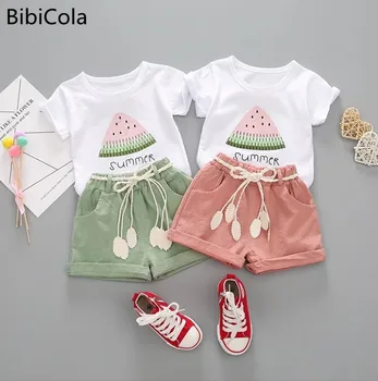 BibiCola yaz kız giyim seti 2 adet eşofman çocuk pamuk takım elbise çocuklar karikatür kıyafetler kısa kollu bebek kız giysileri setleri