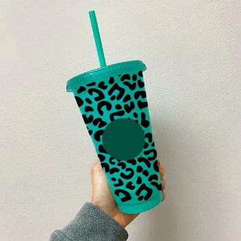 Cheetah Desen vinil Sanat Sticker İçin 710ml Kullanımlık Saman Soğuk Fincan Dekorasyon DIY Yaratıcı Kahve Fincanı Çıkartmaları Dekor