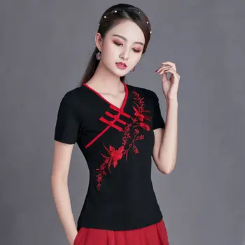 Cheongsam Bayan Artı Boyutu Kısa Üstleri 2022 Yaz Moda Pamuk Karışımı Nakış Cheongsam Slim fit Çin Qipao Gömlek Kadın
