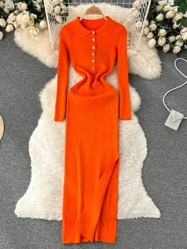 Croysier Sonbahar Kış Maxi Elbiseler Kadınlar İçin 2022 Uzun Kollu Polo Yaka Zarif Örme Elbise Yan Yarık Seksi Bodycon Elbise