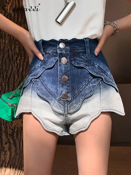 Degrade Yaprakları A-Line Kot Şort Kadın 2022 Yaz Yeni Moda Yüksek Bel Zayıflama Zarif İnce Jean Geniş Bacak Pantolon Kadın