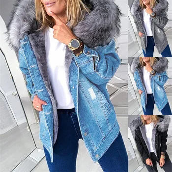 Denim Ceket Yeni Moda Gerçek Tilki Kürk Yaka Kış kadın giyim Çıkarılabilir Artı Kaşmir Kalınlaşmış Ceket Kısa Pike Ceket