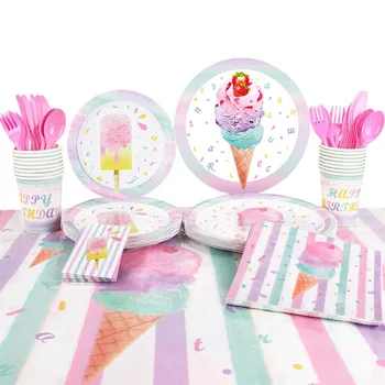 Dondurma Tek Kullanımlık Parti Sofra Yemekleri Kağıt Tabaklar Yaz Doğum Günü Partisi Dekorasyon Bebek Duş Hatıra Dekor Malzemeleri