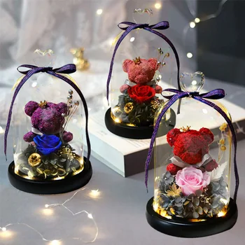 Ebedi Çiçek Oyuncak Ayı 2023 Düğün Oyuncak Ayı Gül Led Cam Çiçek Güzellik ve Beast Gül ışık Ev için Yeni Yıl Hediye