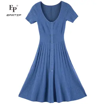 EFATZP Düz Renk Kısa kollu evaze elbise 2022 Yaz Yeni İnce Yuvarlak Boyun Tek göğüslü Örme Elbiseler Kadın