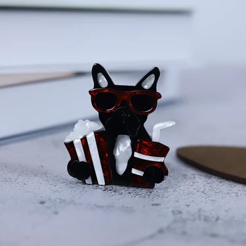 El yapımı Akrilik Kırmızı Gözlük Siyah Köpek Broş Erkekler İçin Sevimli Karikatür Hayvan Parti Rahat Broş Pins Takı Yılbaşı Hediyeleri