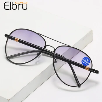 Elbru erkek kadın Bifokal okuma gözlüğü HD Anti mavi ışık presbiyopik gözlük Vintage Pilot Metal gözlük Diyoptriden + 1.0 + 3.5