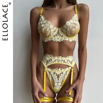 Ellolace Fantezi İç Çamaşırı Setleri Kadınlar İçin Lüks Dantel İç Çamaşırı Şeffaf Sütyen Seksi Kostüm 5 Parça Erotik Bilizna Seti Samimi