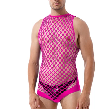 Erkek gece elbisesi Seksi İç Çamaşırı Erkek Fishnet Bodysuit İç Çamaşırı Oymak Örgü Kolsuz Bandaj Tulum Adam Erotik Gecelik