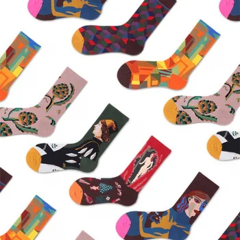 Fransız Yağlıboya Tarzı Sanat Erkek / kadın Çorap Ins Jakarlı Sokak Kaykay Retro Jakarlı Avrupa ve Amerikan Tarzı Çorap