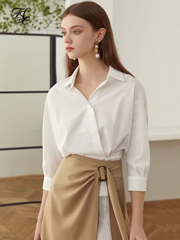 FSLE Asimetrik Rahat Pamuk Beyaz Bluz Gömlek Kadın Fransız Vintage Ofis bayan bluz Üst Kadın Sonbahar Kış Gömlek