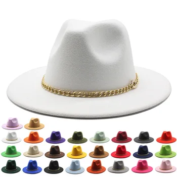 fötr şapkalar siyah haki Geniş Ağızlı Erkek Kadın şapka Caz kapaklar Kilise keçeli zincir kemer kovboy Vintage lüks kış kadın şapka