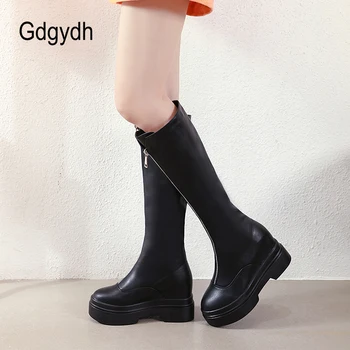 Gdgydh Sonbahar Kalın Taban Diz Yüksek Çizmeler Kadın Ön Fermuar Yüksekliği Artan Kış Ayakkabı Kadın Platformu Topuklu Yüksek Kaliteli