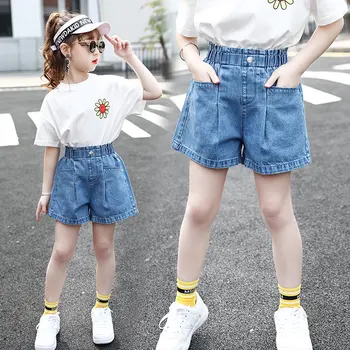 Genç Kız Şort 5-14Years Eski Yaz Yüksek Bel Elastik Düz Renk Pamuk Mini Denim Moda Çocuk Okul günlük kıyafetler