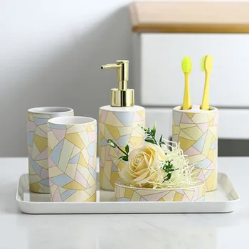 Geometrik Çizgiler Seramik Banyo 5 adet Set Melamin Tepsi Banyo Seti Düğün Yıkama Seti Banyo Malzemeleri Diş Fırçası Tutucu