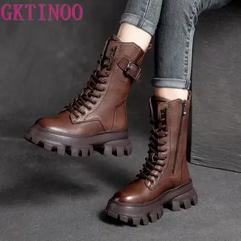 GKTINOO Retro Vintage Platformu Kadın Orta Buzağı Çizmeler El Yapımı Yuvarlak Ayak Med Topuklu Ayakkabı Kadınlar İçin Hakiki Deri Çizmeler Kadın