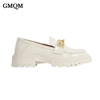 GMQM Yeni Moda Kadın Gerçek Deri Pompaları Platformu Loafer'lar Ayakkabı Metal Dekorasyon Yuvarlak Ayak İngiliz Tarzı-On Kayma Ayakkabı