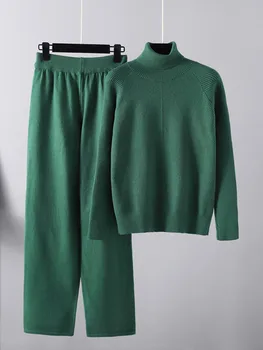 Kadın Balıkçı Yaka Kazak + Elastik Bel Geniş Bacak Pantolon 2 Parça Set Kadın Moda Katı Örme Kazak Takım Elbise Kış Bayan Setleri
