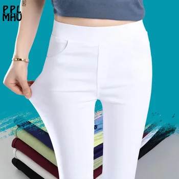 Kadın Beyaz Streç dar pantolon 2022 Yaz Elastik Yüksek Bel kalem pantolon Açık Klasik Cep Bayan Ofis Pantalones