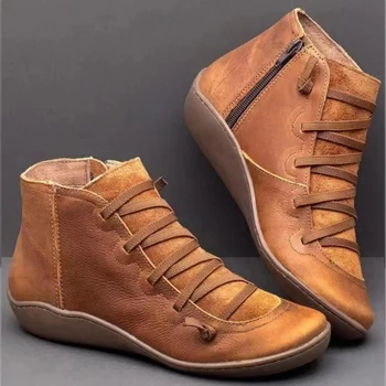 Kadın Deri ayak Bileği 2021 Yeni Büyük 35-43 Sonbahar Kış Çapraz Kravat Retro Punk Düz Kadın Ayakkabıları Kadın BOTAŞ Mujer Çizme Bot 