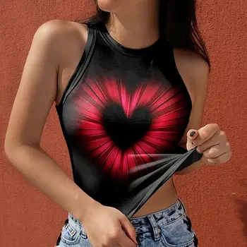 Kadın Estetik Kalp Grafik Kırpılmış Tank Top Vintage Kolsuz Ekip Boyun Bodycon Kaşkorse T-Shirt Indie Streetwear