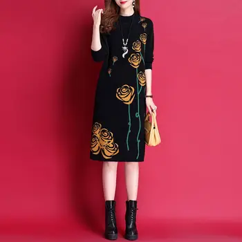 Kadın Jakarlı Örme Elbiseler Sonbahar Kış Moda İnce Yarım Yüksek Yaka Kazak Büyük Boy Ofis Bayan Elbise 2023 Yeni
