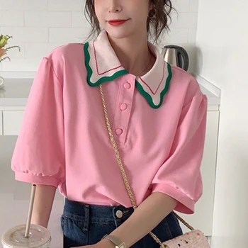 Kadın Kore Tarzı Yaz Puf Yarım Kollu T-Shirt Tatlı Kontrast Renk Yaka Yaka Düğmesi Ön Bluz Casual Gevşek Kırpma