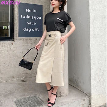 Kadın kıyafetleri 2022 Bahar Hakiki Deri Falda Midi Mujer Koyun Derisi Bej Yüksek Bel A-line Maxi Etek Ön Yarık Kore Tarzı