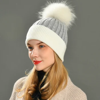 Kadın Kış Kürk yuvarlak şapka Kaşmir Şapka Bere Kap Kadın Kadın Sıcak Tavşan Kürk Karışımı Örme Kürk Ponpon Şapka Kapaklar