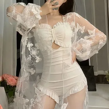 Kadın Tek Parça Mayo Dantel Kapak İle Kore Moda Yaz Plaj Kıyafeti Yastıklı Push Up Banyo Takım Elbise Monokini Maillot De Bain
