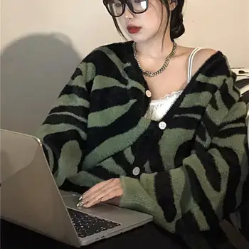 Kore Moda Hırka Feminino Kazak Şık Zebra Şerit Baskı Uzun Kollu Üst Gevşek Tek Göğüslü kadın Kazak Harajuku