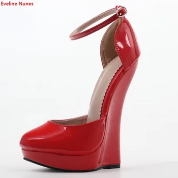 Kırmızı Kama Artı Boyutu Pompaları 2022 Katı Süper Topuk Yuvarlak Ayak Bileği Toka Moda Yaz Seksi İçi Boş zarif ayakkabı kadınlar için