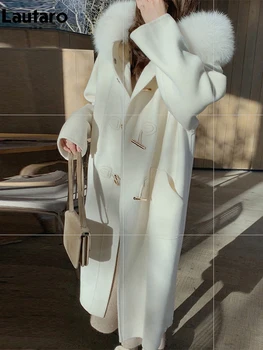Lautaro Sonbahar Kış Uzun Çift Taraflı Yün Ceket Kadın Faux Fox Kürk Yaka Korna Düğmeleri Lüks tasarımcı kıyafetleri 2022